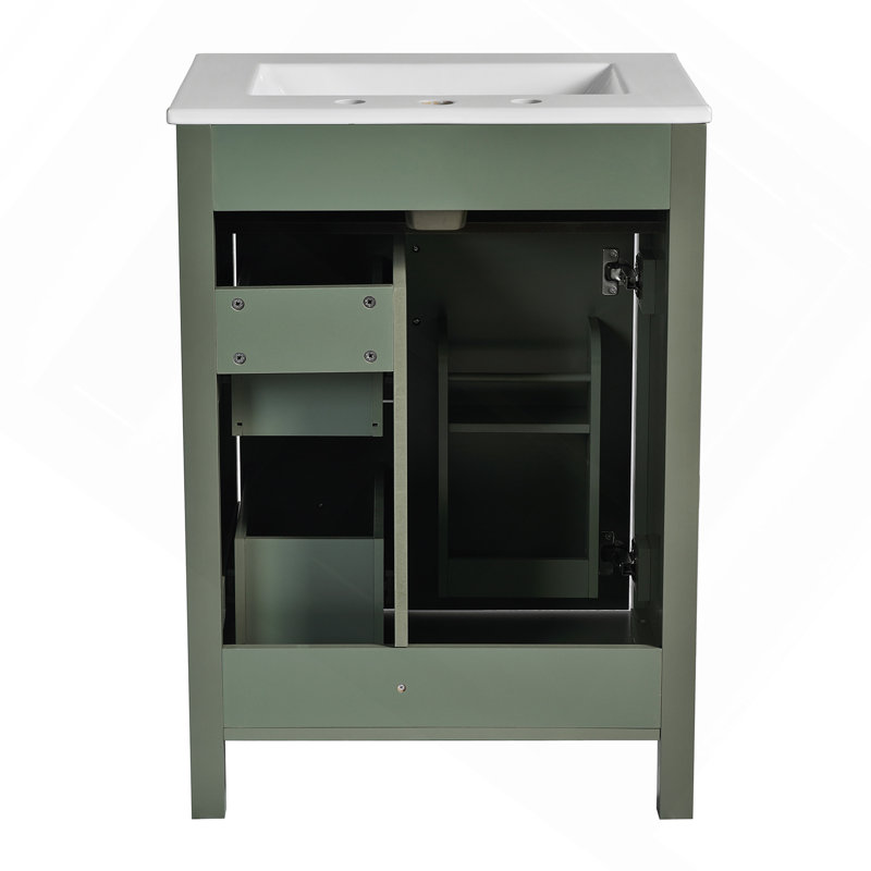 Meuble-lavabo de 24 pouces avec lavabo en céramique, 1 porte à fermeture en douceur, 2 tiroirs à fermeture en douceur et 2 supports de rangement sur la porte