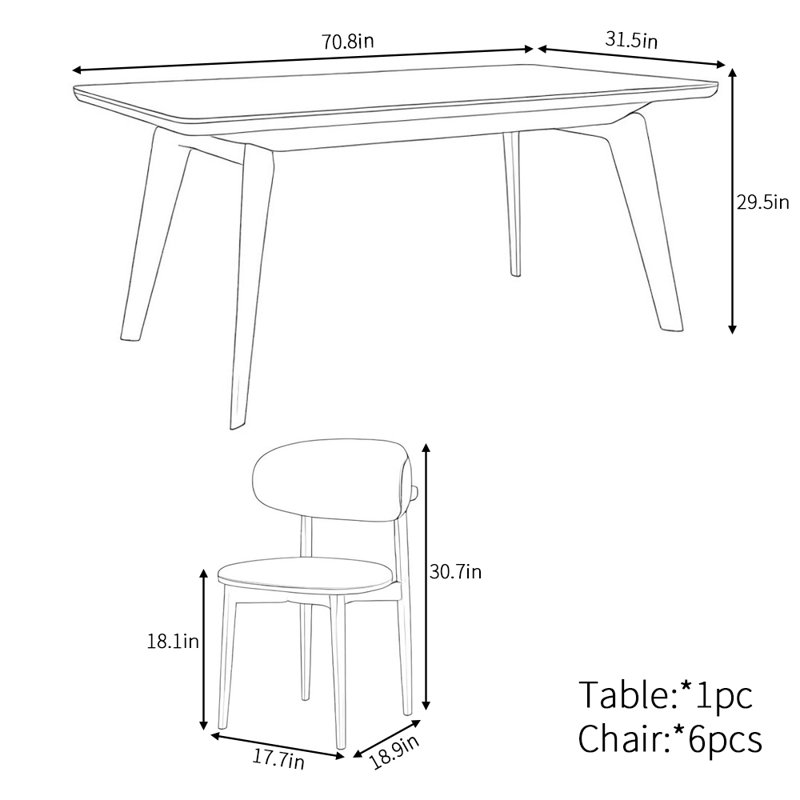 Modern simple fashion rectangular dining table set, 29.5"H x 70.8"L x 31.5"W
