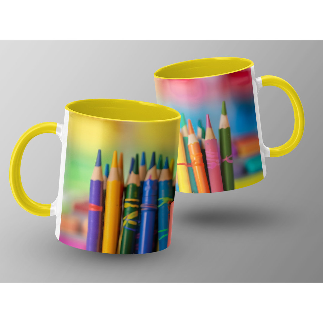 Set of 2 Kids Drawing Style 11oz Accent Mugs – White Ceramic Coffee Cups with a Yellow Handle and Interior