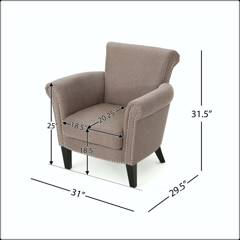 Fauteuil club avec garniture cloutée, accoudoirs roulés et pieds en bouleau, Café clair