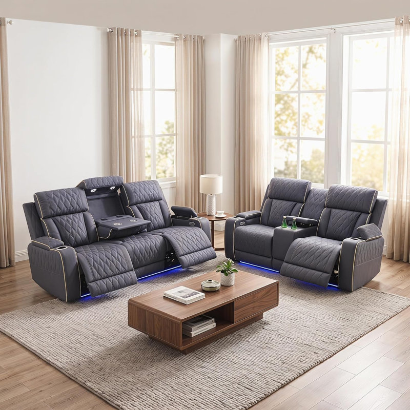 Ensemble de canapé inclinable électrique 2 pièces avec lumières DEL, ensemble de mobilier de salon inclinable électrique avec causeuse et fauteuil, ensemble de canapé inclinable en cuir avec chargement USB / porte-gobelets / rangement, bleu gris