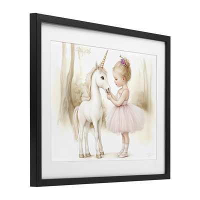 «Girl & Unicorn Friendship», reproduction sous verre encadrée, design par Whimsical Wonders
