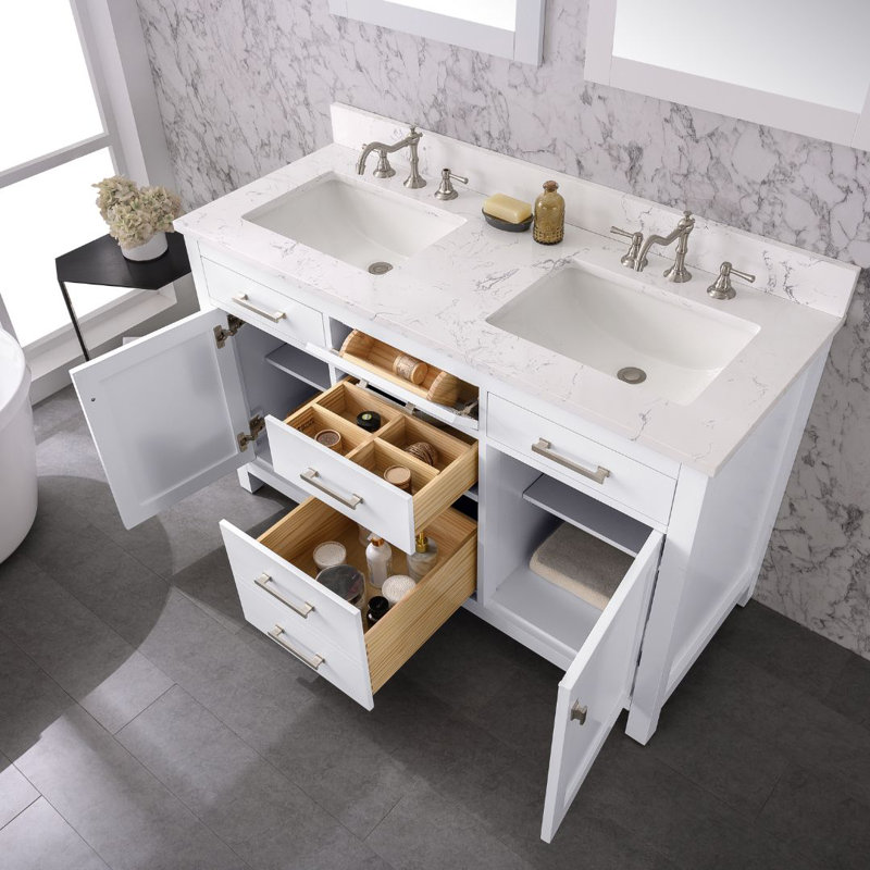 Ensemble de meuble-lavabo double l 54 po Ajhane, Blanc / nickel brossé