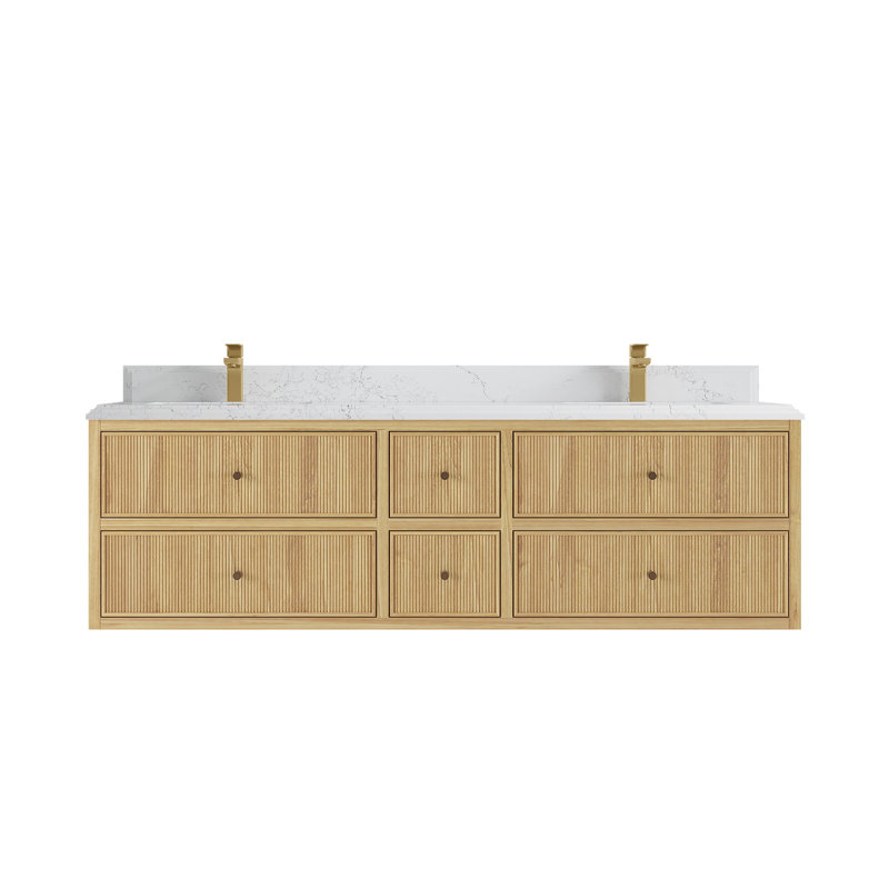 Light Natural Teak Double Sink Freestanding Vanity with Quartz Top