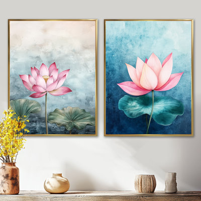 Harmonie de lotus rose dans l'étang I - impression d'art mural floral, art floral moderne 2 pièces