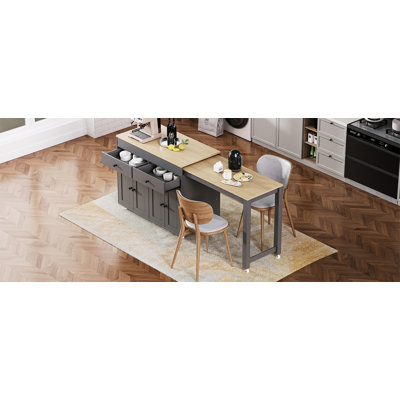 Îlot de cuisine 74,5 pouces avec table de salle à manger extensible, îlot de cuisine sur roulettes avec support à épices et 2 tiroirs, armoire à 4 portes, pour la cuisine, la salle à manger (deux ensembles)
