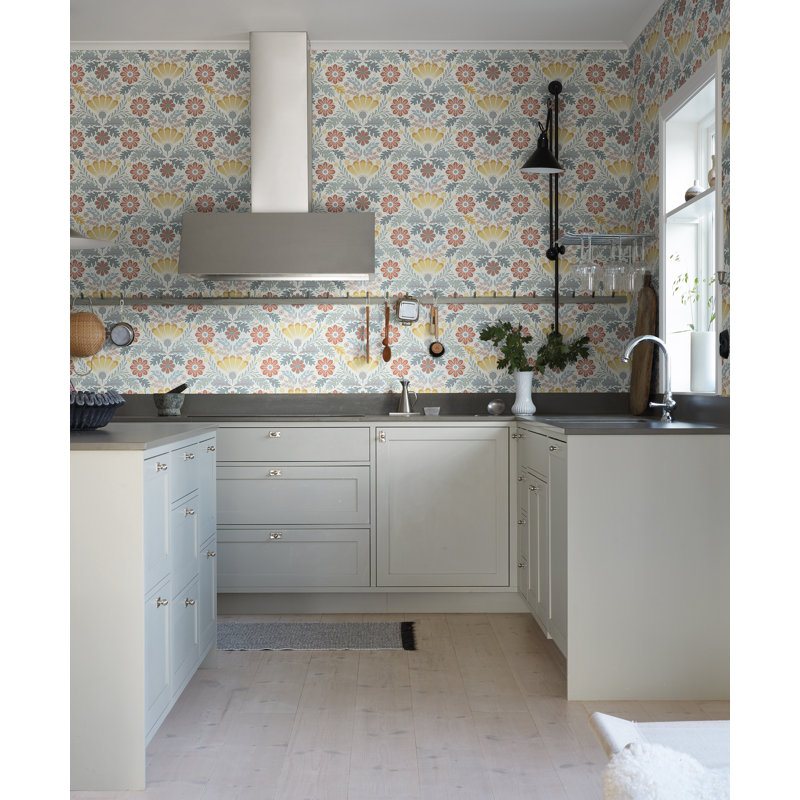 Beaulah Klockrike Floral Motifs 10.05m x 53cm Wallpaper Roll, Yellow/Orange/Blue/White