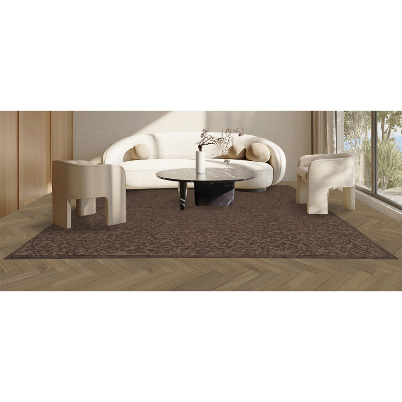 Wool Damask Area Rug in Brown, Rectangle 9' x 12'