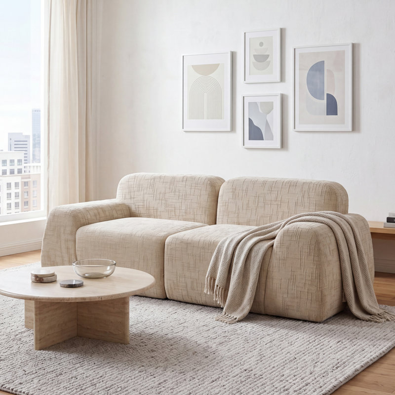2 Seater Chenille Sofa, Light Khaki