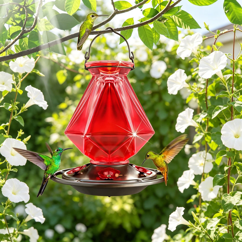 Mangeoire pour colibris à suspendre à l'extérieur, mangeoire en verre rouge 23 oz avec 5 ports d'alimentation et 5 perchoirs, base antirouille et étanche, forme de ligne géométrique