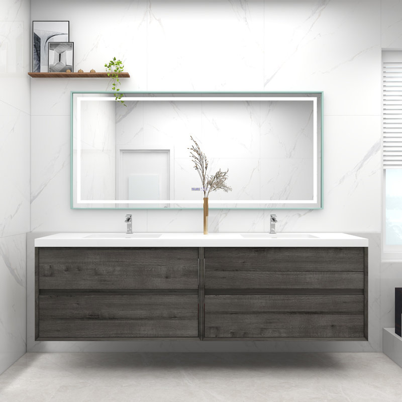 Ensemble de meuble-lavabo double mural 84 po Asaya, Chêne fumé