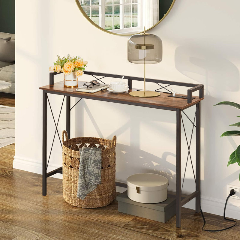 Industrial Console Table with Power Outlet, Narrow Sofa Table with Storage Shelf, Entryway Table with Charging Station, Rustic Wood & Metal Frame, for Living Room, Hallway, Behind Couch