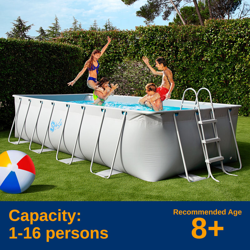 SereneLife 17' Gray PVC and Steel Rectangular Above Ground Pool with Filter and Ladder
