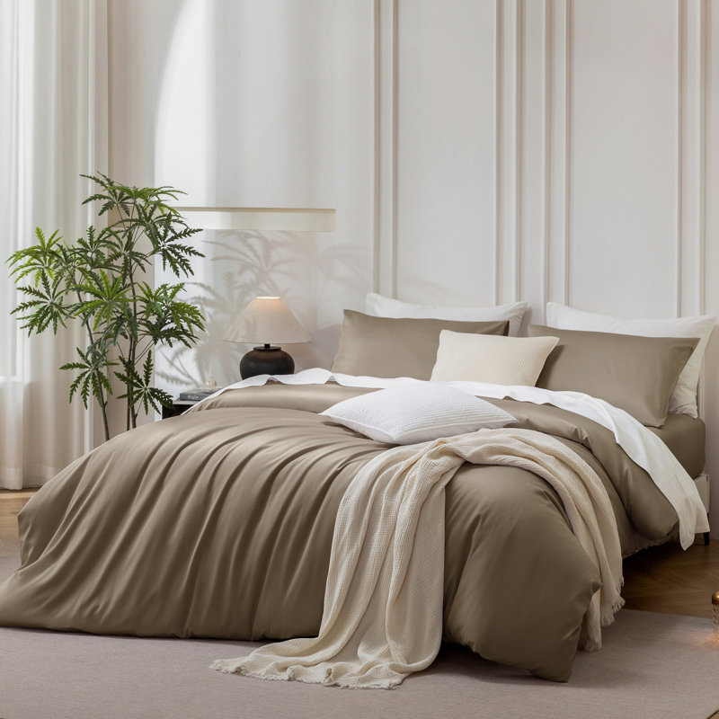 Ensemble de housse de couette MooMee, Housse de couette pour très grand lit et 2 taies, Brun moka