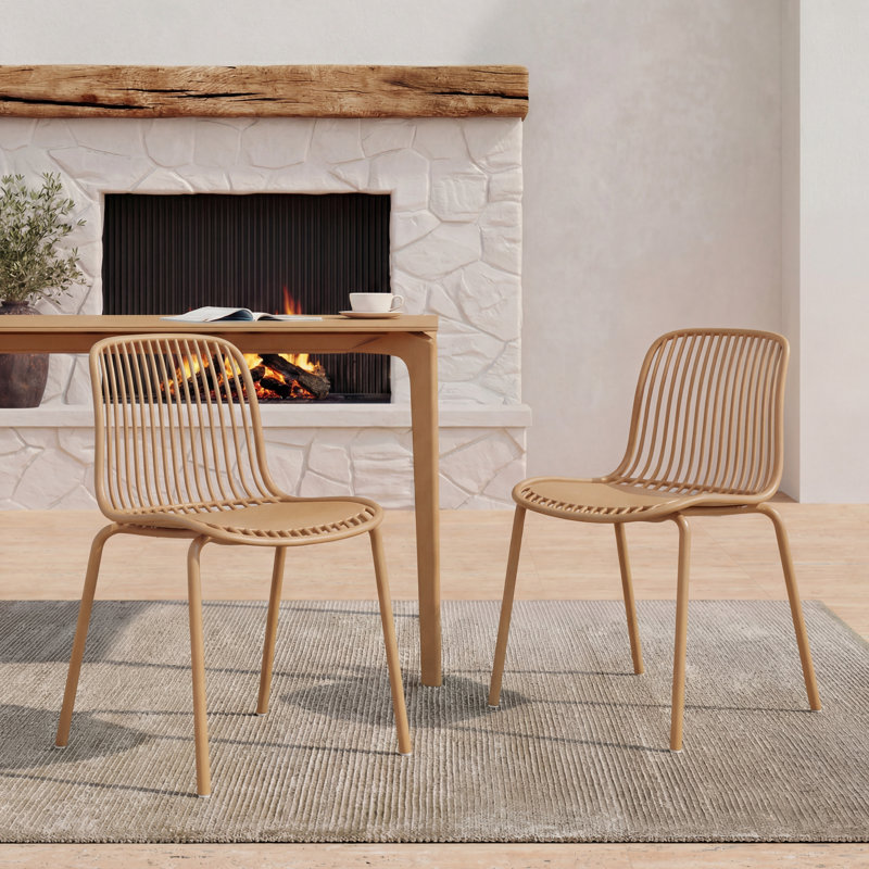 Zora Patio Plastic Dining Chairs with Metal Legs (Table Not Included), Brown Yellow