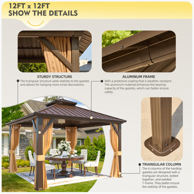 Pavillon de jardin en aluminium robuste avec double toit en acier galvanisé, auvent extérieur à toit rigide avec rideau et moustiquaire pour terrasse de patio et spa