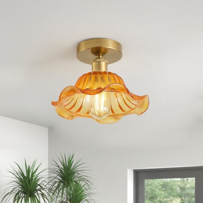 1-Light Brass Flush Mount Ceiling Light, Dimmable, E26 Base, Amber Glass Shade, ETL Certified