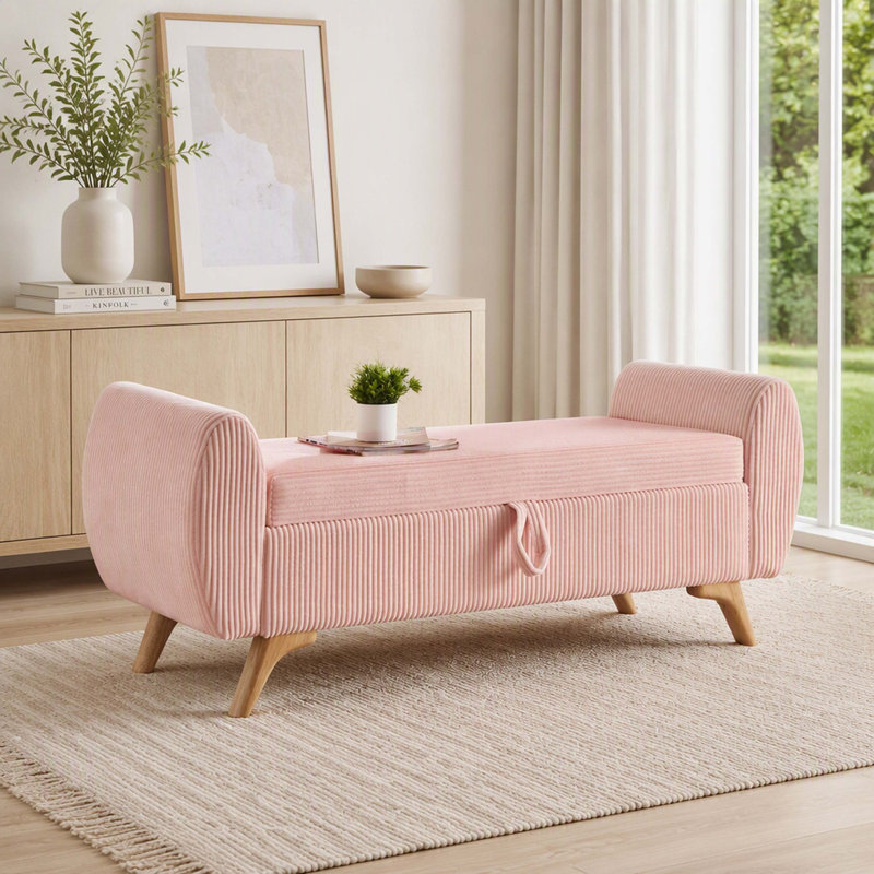 Banc moderne de 145 cm (57 po) en velours côtelé avec espace de rangement intégré, pattes en bois, rose, idéal pour les chambres et les couloirs.
