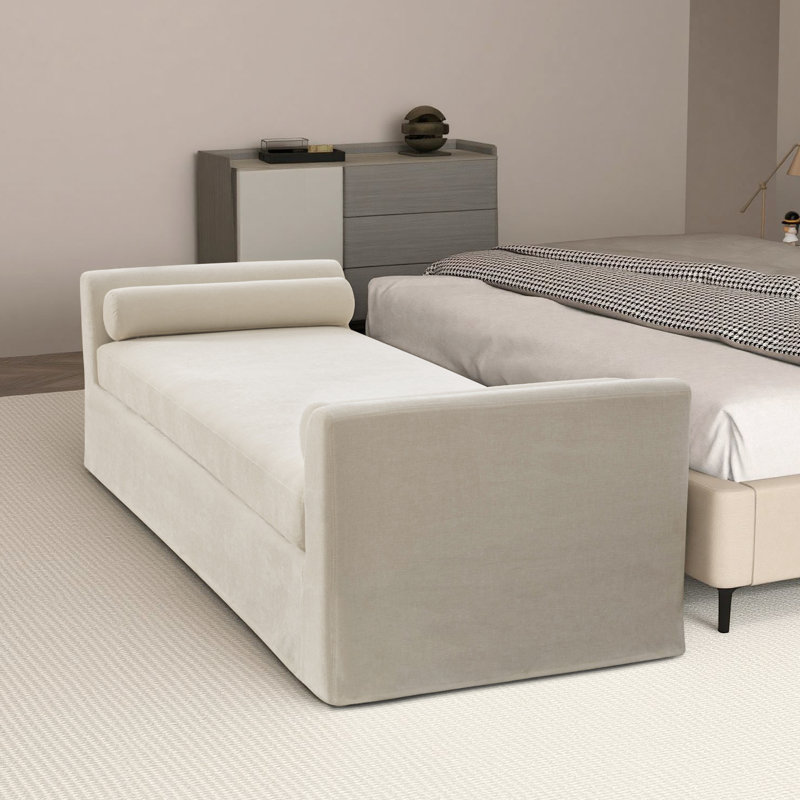 Banc de chambre moderne l 88,6 po, bout de lit rembourré avec accoudoirs de banc et traversins, Beige