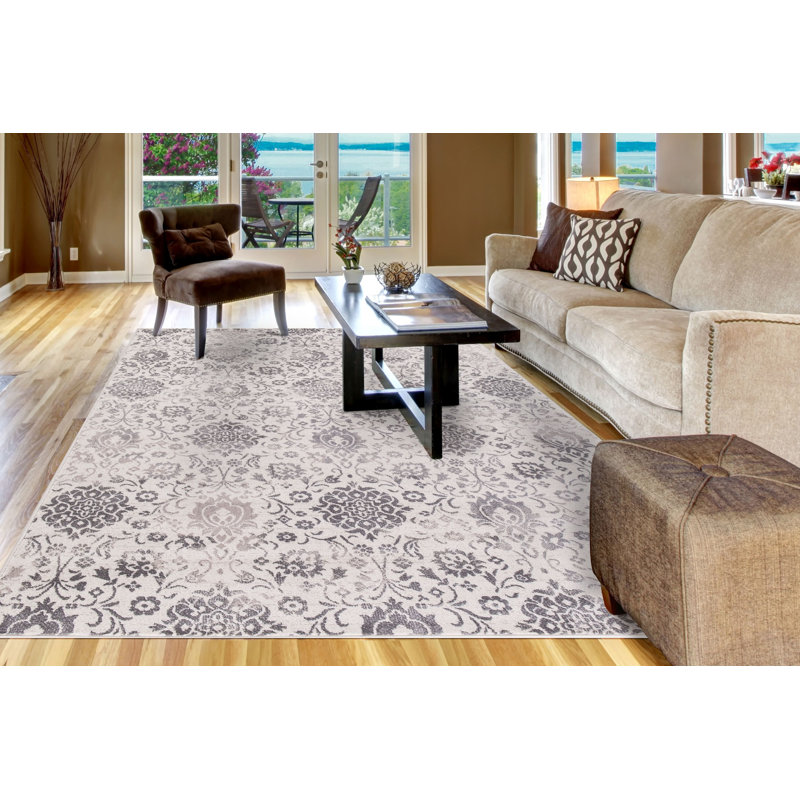 Ivory and Gray Damask Pattern Medium Pile Area Rug