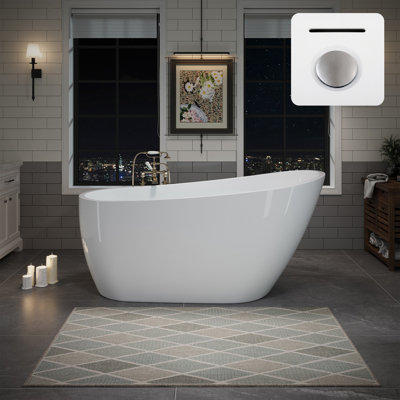  60" x 29.53" Acrylic Freestanding Bathtub, Deep Soaking Bathtub with Brushed Nickel Pop-up Drain & Integrated Overflow for Bathroom Spa, Glossy White