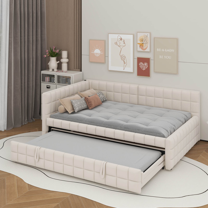 Full Size Upholstered L-Shaped Upholstered Daybed With Twin Size Pop Up Trundle And USB Ports, Beige