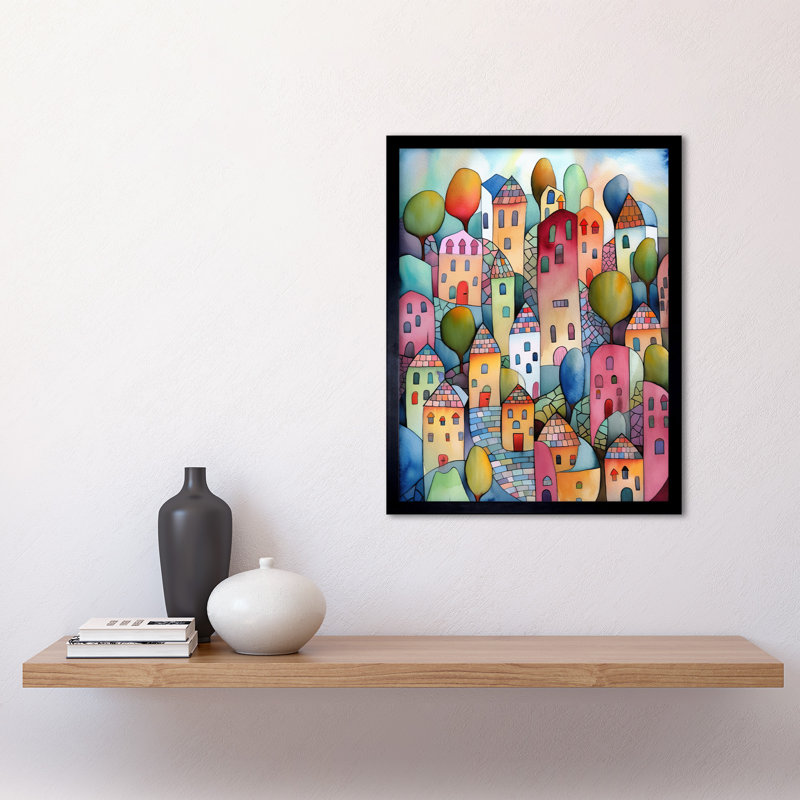 Village On The Hill Cobble Streets Folk Art Art Print Framed Poster Wall Decor 12x16 inch