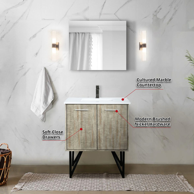 Meuble-lavabo rustique l 30 po x P 20 po avec plateau en marbre de culture et robinet en métal, miroir de 28 po - et avec égratignures, taches et corrosion