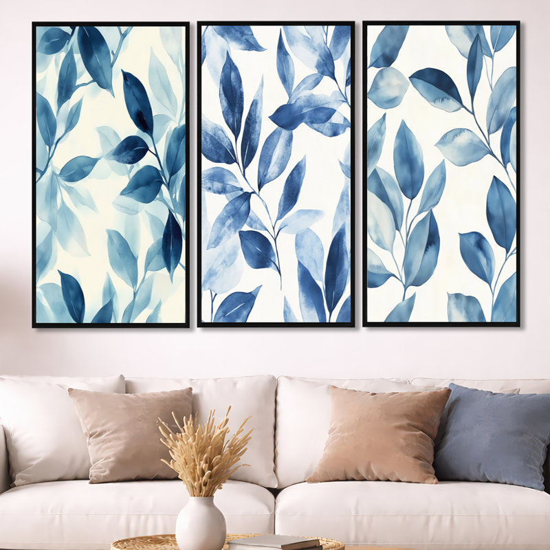 Blue Botanical Wash – Ivory Leaves 3 Piece Wall Art, 40" H x 60" W, Black Floater Framed