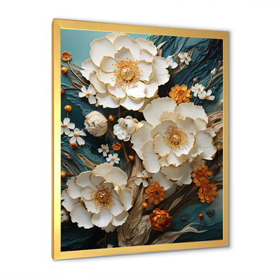 Or et fleurs blanches sur pierre bleue III - Fleurs, art mural