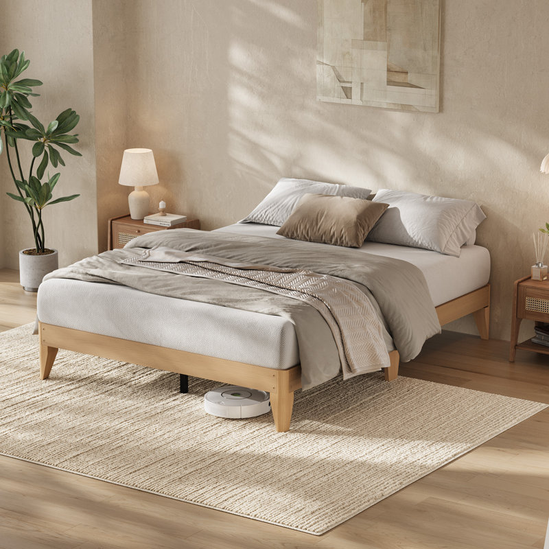 Base de lit plateforme en bois, pieds en bois et support central en métal robuste, lattes en bois, aucun sommier requis
