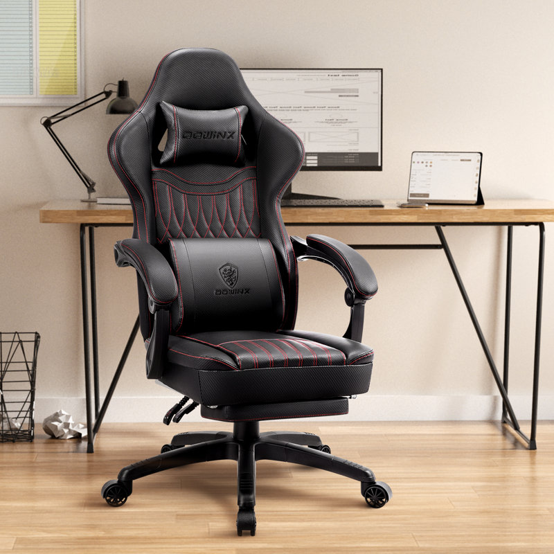 DOWINX Adjustable Reclining Ergonomic Leather Swiveling PC & Racing Game Chair with Footrest, Black