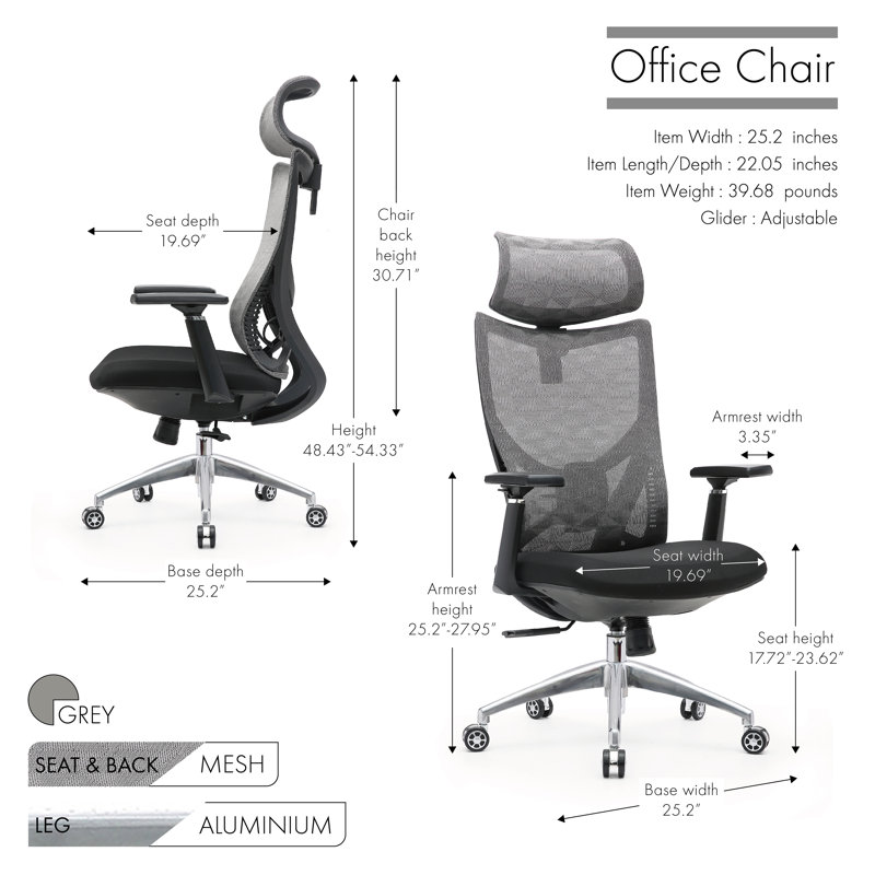 Ergonomic Mesh Office Chair with Aluminum Base, Gray