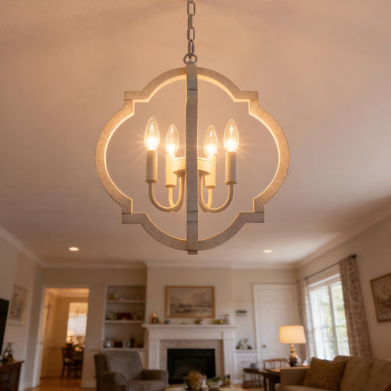 4-Light Distressed White Farmhouse Candelabra Chandelier with Plug-In Cord & Switch, Dimmable, Ideal for Dining, Living & Entryway