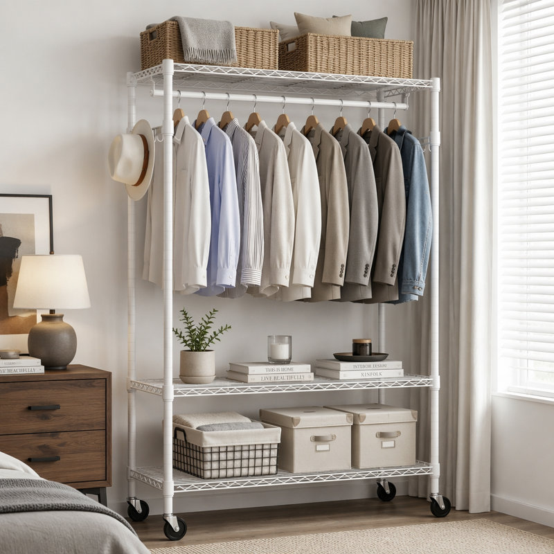 Portant à vêtements robuste à 3 niveaux avec tablettes grillagées, tringles et crochets latéraux pour un rangement polyvalent