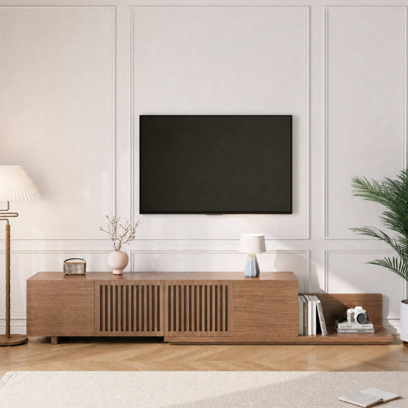 70.9"-120" Retracted Extendable TV Stand, Mid-Century Modern Media Console Cabinet with Cabinets & Open Shelves