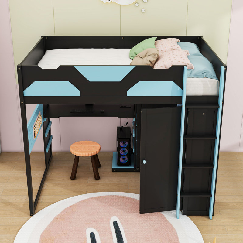 Lit mezzanine avec lumières DEL RVB, station de charge USB, bureau réglable, garde-robe et rangement à tablettes multiples