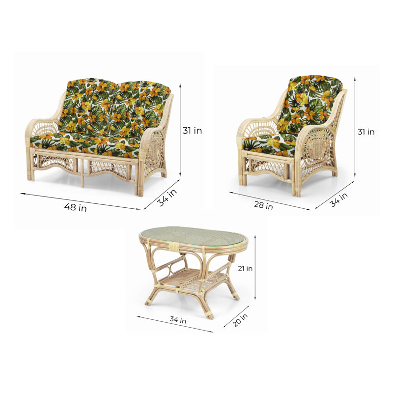 Malibu Natural Rattan Wicker Lounge Set with Floral Cushions