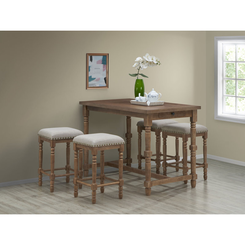 Brittany Bar Table With Counter Stools, Vintage Walnut, 5 Pieces: Table, 4 Chairs, Peppered Linen/Vintage Walnut