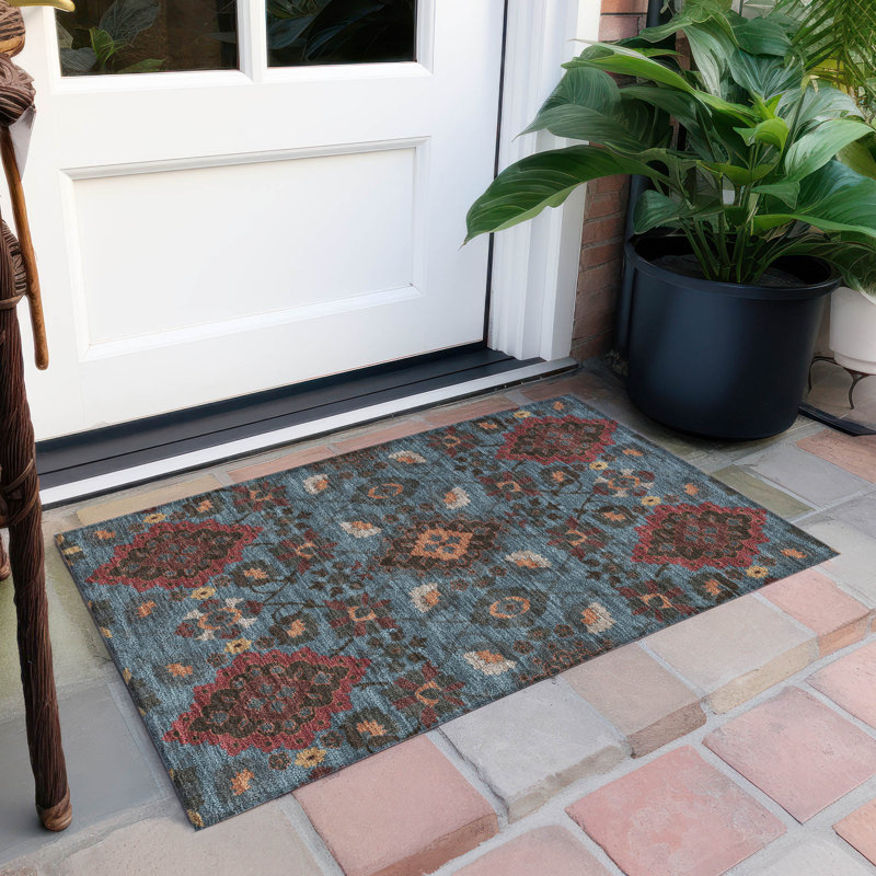 Denim Blue and Red Synthetic Washable Rectangular Rug