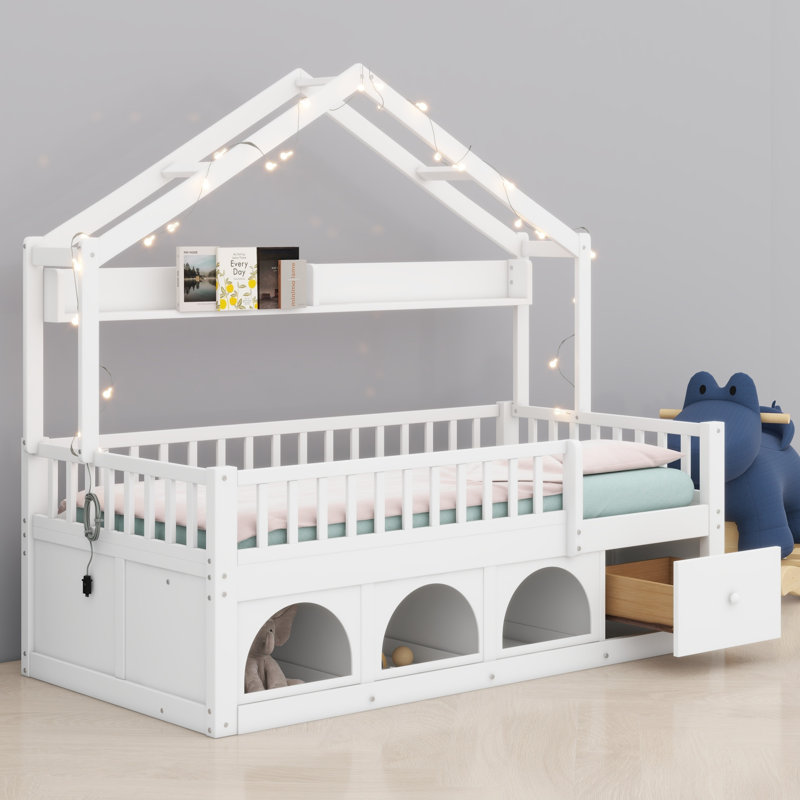 Lit bas Montessori, lumières DEL intégrées, garde-corps de sécurité, tiroirs de rangement et casier, Twin, White