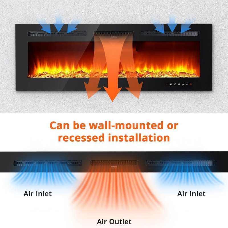 Electric Fireplace 60 Inch, Electric Fire Wall Mounted with 2 Heat Settings 900W/1800W, 12 Adjustable Flame Color, Recessed Fire Place, Remote Control & Touch Control, Includes Log and Crystal Set
