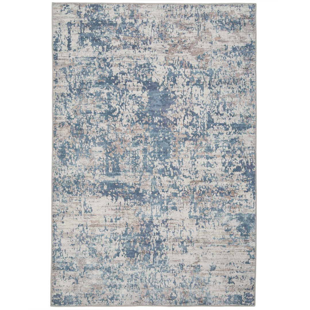 Machine Washable Blue Beige Modern Abstract Distressed Living Room Area Rug