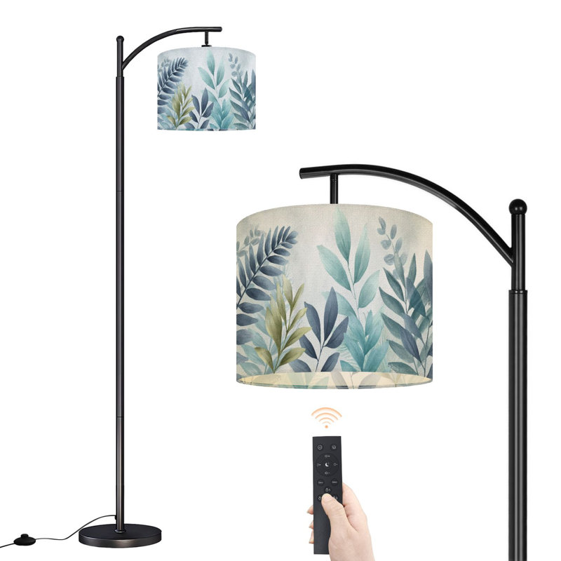 Lampe sur pied à arc avec abat-jour réglable arbre tropical vert cocotier vert feuille côtière abstraite grande lampe sur pied tropicale 3 températures de couleur à haut gradateur avec interrupteur au pied pour la chambre à coucher