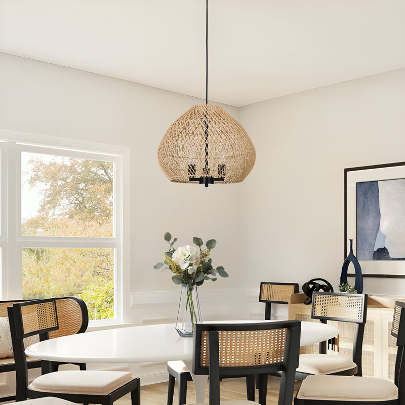 Luminaire suspendu de style campagne moderne à 3 lumières avec abat-jour en rotin pour îlot de cuisine