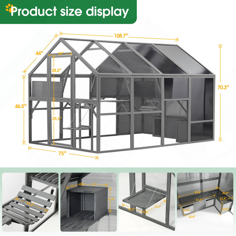Cage à chat de luxe en bois pour l'extérieur avec cage gonflable, pont pour chat, chariots, plateformes, petites maisons, sièges et panneau de soleil - 108,7 po