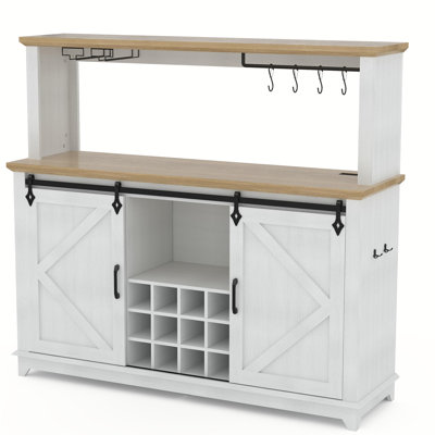 Barn Door Wine Cabinet with Built-in Wine Rack - Freestanding Liquor Storage Cabinet for Dining & Living Room