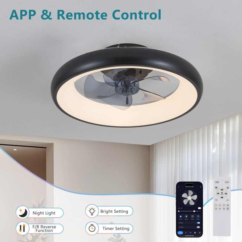 19.7-inch Black Led Ceiling Fan Light – Dimmable And Adjustable Colour Temperature, App & Remote Control, Modern Smart Ceiling Fan For Living Room, Bedroom, And Dining Room