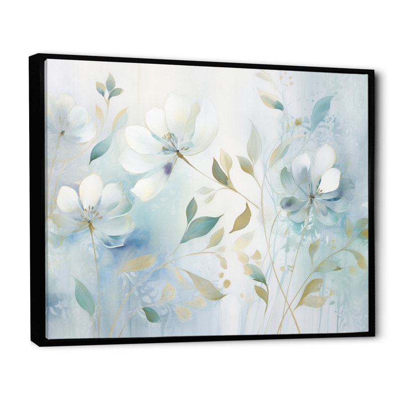 «Blue Botanical Rhythms I», art mural abstrait sur toile, Cadre flottant noir, H 24 po x l 32 po x P 1 po