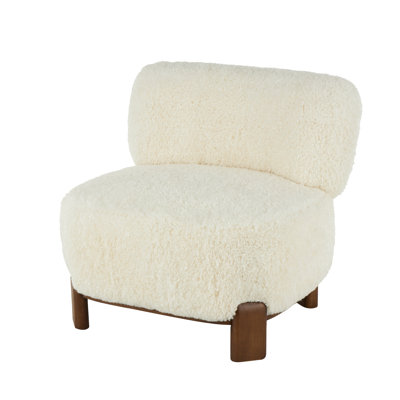 Polyester White Accent Chair with Brown Wooden Legs